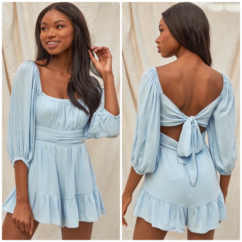 Lulus Skys The Limit Light Blue Puff Sleeve Romper